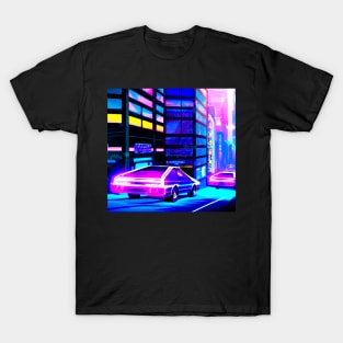 Cyberpunk car chase  in synthwave city T-Shirt